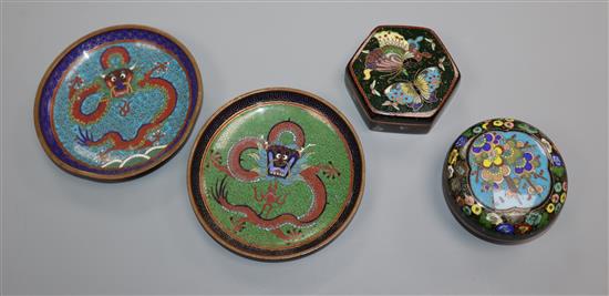 A pair of cloisonne dishes and two pots